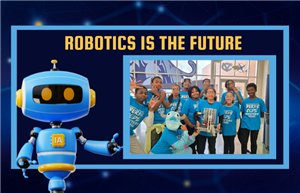  A picture of robot pointing to Burns male and female students hold Silver Robotics robot 